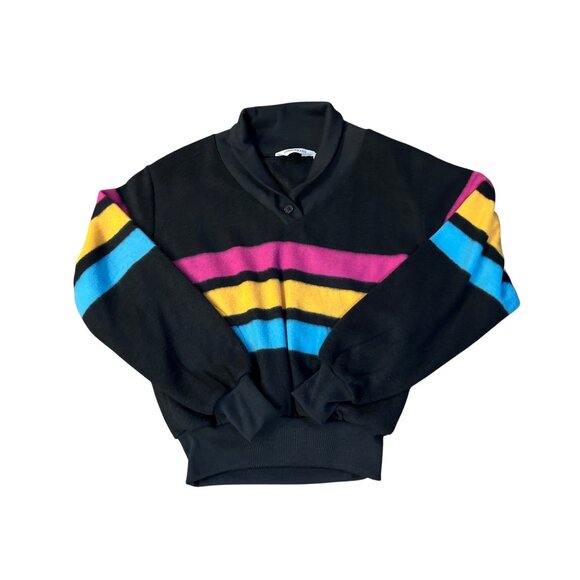 Vintage Favorites Fleece Pullover Womens M Used 80s Striped Shawl Collar - Picture 3 of 12